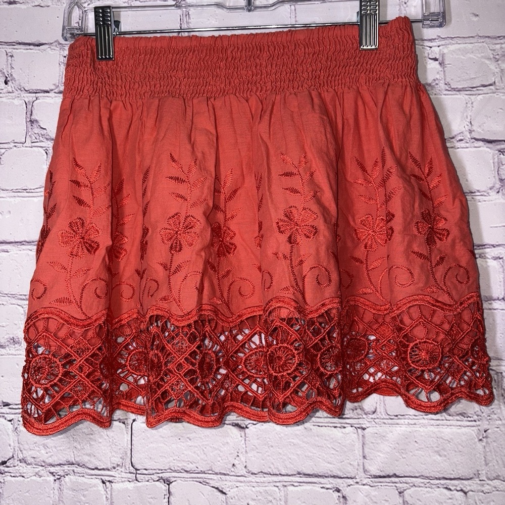 Coral Orange Red Embroidered Boho Eyelet Lace Festival Smocked Waist Mini Skirt